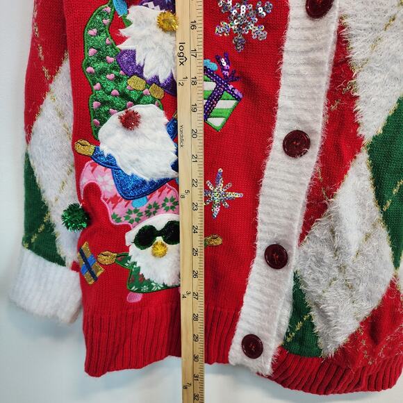 Holiday Time Ugly Christmas Sweater Cardigan Size L Elves Argle V-neck Festive - Picture 7 of 10